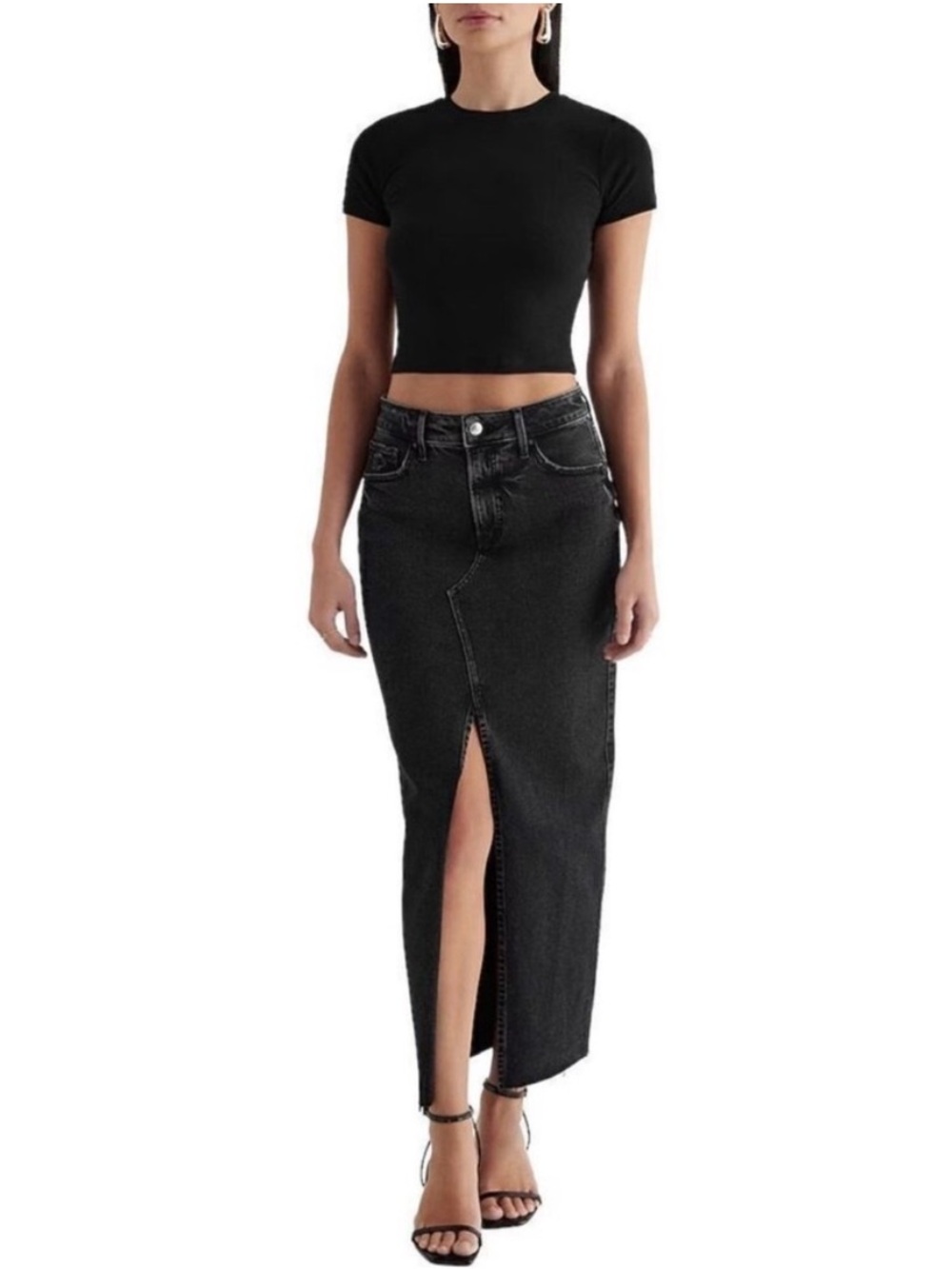 Forever 21 Black Front Raw Slit Denim Jean Maxi Skirt